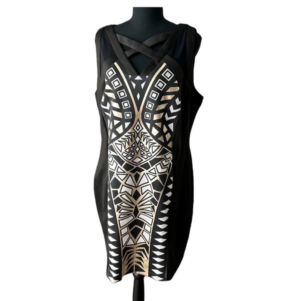 Thalia Sodi Women's Crisscross V-Neck Sleeveless Shiny Sheath Dress, Black, XL